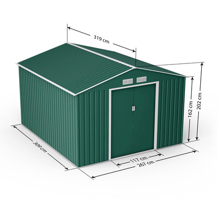 Globel Metal Shed Lotus 9 x 10 Orion Apex Metal Shed With Foundation Kit - Dark Green LO-0910-OR-AP-MS Lotus 9 x 10 Orion Apex Metal Shed With Foundation Kit - Dark Green 5055280416688