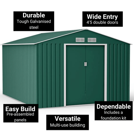 Globel Metal Shed Lotus 9 x 10 Orion Apex Metal Shed With Foundation Kit - Dark Green LO-0910-OR-AP-MS Lotus 9 x 10 Orion Apex Metal Shed With Foundation Kit - Dark Green 5055280416688