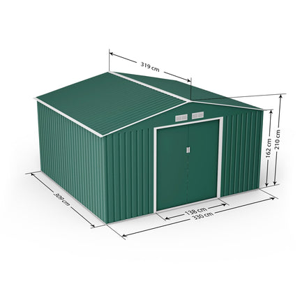 Globel Metal Shed Lotus Orion 11 x 14 Apex Metal Shed With Foundation Kit - Dark Green LO-1114-OR-AP-MS Lotus Orion 11 x 14 Apex Metal Shed With Foundation Kit - Dark Green 5055280416695