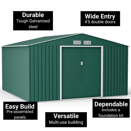 Globel Metal Shed Lotus Orion 11 x 14 Apex Metal Shed With Foundation Kit - Dark Green LO-1114-OR-AP-MS Lotus Orion 11 x 14 Apex Metal Shed With Foundation Kit - Dark Green 5055280416695