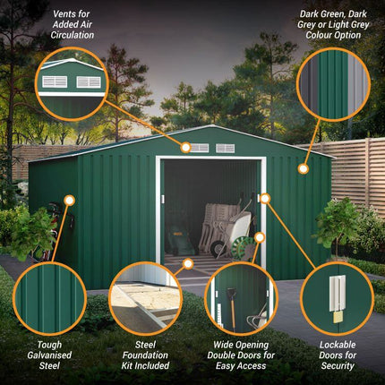 Globel Metal Shed Lotus Orion 11 x 14 Apex Metal Shed With Foundation Kit - Dark Green LO-1114-OR-AP-MS Lotus Orion 11 x 14 Apex Metal Shed With Foundation Kit - Dark Green 5055280416695