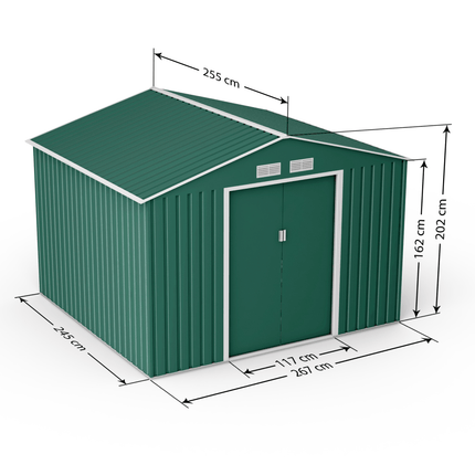 Globel Metal Sheds Lotus Orion 9 x 8 Apex Metal Shed With Foundation Kit - Dark Green LO-9x8-AP-FK Lotus Orion 9 x 8 Apex Metal Shed With Foundation Kit - Dark Green 5055280416671