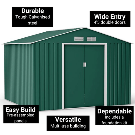 Globel Metal Sheds Lotus Orion 9 x 8 Apex Metal Shed With Foundation Kit - Dark Green LO-9x8-AP-FK Lotus Orion 9 x 8 Apex Metal Shed With Foundation Kit - Dark Green 5055280416671