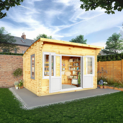 Mercia Log Cabin Mercia 4m x 3m Log Cabin Curved Roof Helios - UPVC White Mercia 4m x 3m Log Cabin Curved Roof Helios - UPVC White