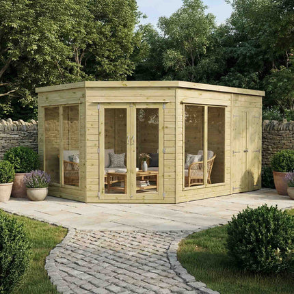 Mercia Summerhouses Mercia 13 x 9 Premium Corner Summerhouse With Side Shed Mercia 13 x 9 Premium Corner Summerhouse With Side Shed