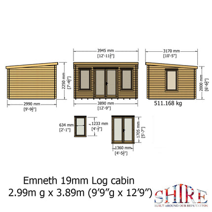 Shire Log Cabin Shire Emneth 10 x 13 Pent Log Cabin in 19mm Logs Shire Emneth 10 x 13 Pent Log Cabin in 19mm Logs