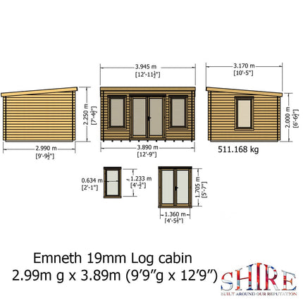 Shire Log Cabin Shire Emneth 10 x 13 Pent Log Cabin in 19mm Logs Shire Emneth 10 x 13 Pent Log Cabin in 19mm Logs