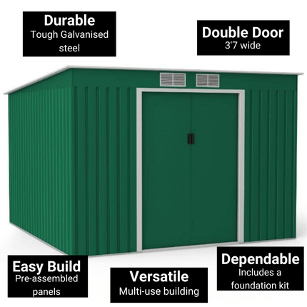 Store More Metal Shed Lotus Hestia 9 x 8 Metal Pent Shed Including Foundation Kit - Dark Green L-HESTIA-9X8-PS Lotus Hestia 9 x 8 Metal Pent Shed Including Foundation Kit - Dark Green 5055280416435
