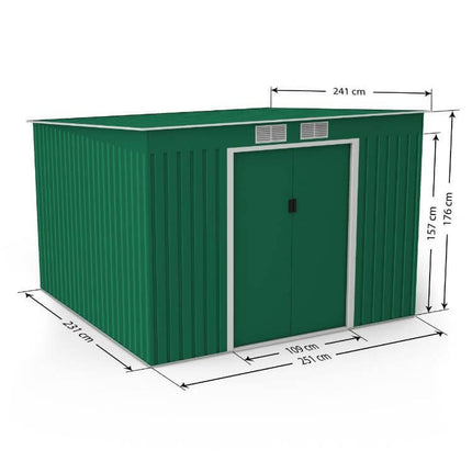 Store More Metal Shed Lotus Hestia 9 x 8 Metal Pent Shed Including Foundation Kit - Dark Green L-HESTIA-9X8-PS Lotus Hestia 9 x 8 Metal Pent Shed Including Foundation Kit - Dark Green 5055280416435
