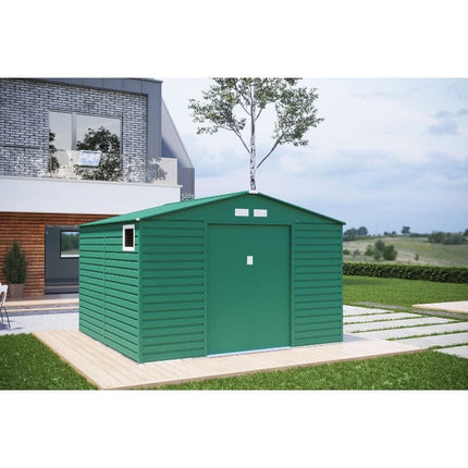 Store More Metal Shed Lotus Hypnos 11 x 10.5 ft Apex Metal Shed - Green LO-HYP-A1110-GR Lotus Hypnos 11 x 10.5 ft Apex Metal Shed - Green 5055280416756