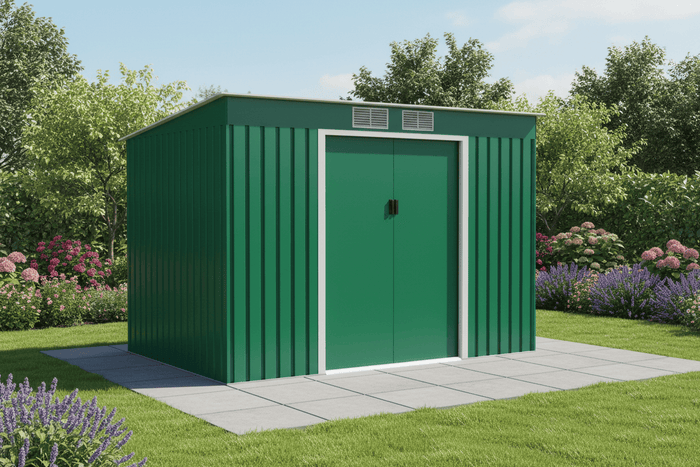 Store More Metal Sheds Lotus Hestia 9 x 6 Metal Pent Shed Including Foundation Kit - Dark Green L-HESTIA-9X6-PS Lotus Hestia 9x6 Metal Pent Shed Including Foundation Kit - Dark Green 5055280416442